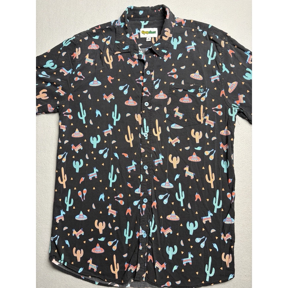 Tipsy Elves XL Hawaiian Polo Shirt Midnight Fiesta Cactus Sombreros